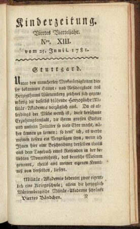 Kinderzeitung. Viertes Vierteljahr. Nro. XIII. vom 25. Junii. 1781.