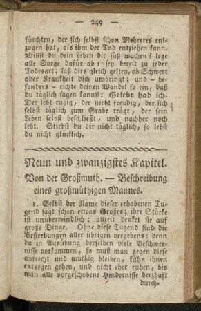 Neun und zwanzigstes Kapitel. Von der Großmuth. - Dreisigstes Kapitel. Von der Geduld, derselben Gelegenheiten, und Wirkungen.