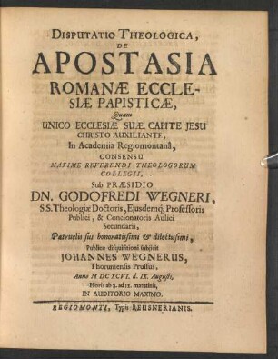Disputatio Theologica, De Apostasia Romanae Ecclesiae Papisticae