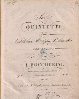 Six quintetti pour deux violons, alto & deux violoncelles concertans : op. 13 ; second livre de quintetti ; Nota: le 1er violoncelle peut être remplace par l'alto violoncelle, 1