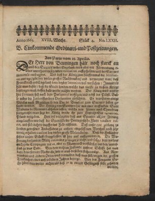 Anno 1665. XVIII. Woche. Stück 4. No. LXXII.