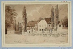 Das Vorwerk, später Schankwirtschaft "Neue Sorge" am Weißeritzmühlgraben in Dresden von Süden (heute zwischen Fabrikstraße und Weißeritz), im Hintergrund die Pulvermühle