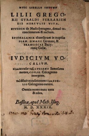 Huic Libello Insunt Lilii Gregorii Gyraldi Ferrariensis Herculis Vita