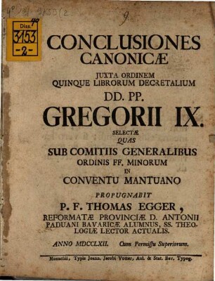 Conclusiones canonicae iuxta ordinem quinque librorum Decretalium ... Gregorii IX. selectae