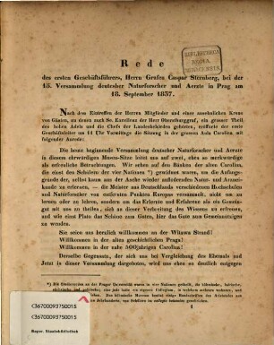 Rede des ersten Geschäftsführers Kaspar von Sternberg bei der 15. Versammlung deutscher Naturforscher und Aerzte in Prag : am 18. September 1837