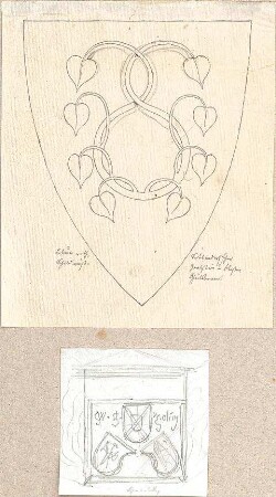 Hoffstadt, Friedrich; Kassette 5: Mappe XII.1, Wappenschilde in Steinwerk, Holz oder Metall (1363-1403) - u. a. für Grabstein im Kloster Heilbronn (Teilansicht, Ansicht)