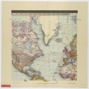 Weltkarte, 1:35 000 000, 1910 : Henze, Adolf : Henze's Weltkarte : in Mercators Projection ; mit besonderer Berücksichtigung des Welt- und Handelsverkehrs, des Kolonialbesitzes und der Polargebiete ; Section I-VI / Adolf Henze. - 1:35 000 000 Leipzig-Neustadt : Henze , [ca. 1910]. - 6 Kt. : Lithogr. ; 45 x 45 cm + Zeichen-Erklärung u. Erläuterung. - 12 Nebenkarten