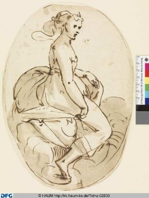 Weibliche allegorische Gestalt auf Wolken sitzend