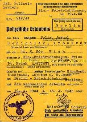 Ausweis für die Benutzung öffentlicher Verkehrsmittel zwischen Berlin und Friedrichshagen für einen jüdischen Bürger