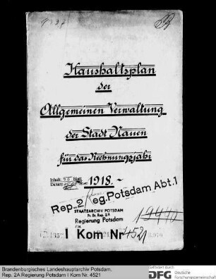 Haushaltsplan der Allgemeinen Verwaltung der Stadt Nauen für das Rechnungsjahr 1918