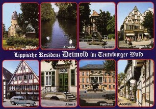 Postkarte: Lippische Residenz Detmold im Tetoburger Wald. Schloß, Ameide, Spieker, Langestr. 14, Krummestr. 44, Allee 5, Rathaus, Adolfstr.