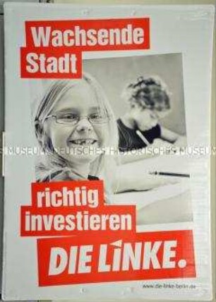 Wahlkampfplakat der Partei Die Linke zur Wahl des Berliner Abgeordnetenhauses am 18. September 2016