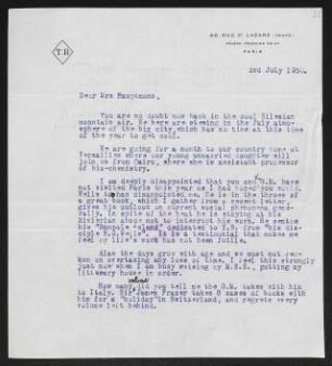 Brief von Thomas Barclay an Margarete Hauptmann