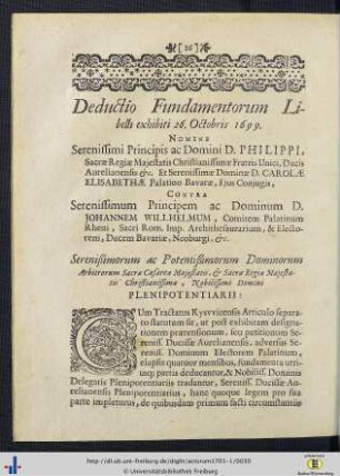Deductio Fundamentorum Libelli exhibiti 26. Octobris 1699.
