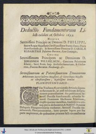 Deductio Fundamentorum Libelli exhibiti 26. Octobris 1699.
