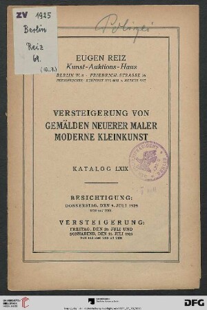 Versteigerung von Gemälden neuerer Maler, moderne Kleinkunst : Versteigerung 10. und 11. Juli 1925 (Katalog Nr. 69)