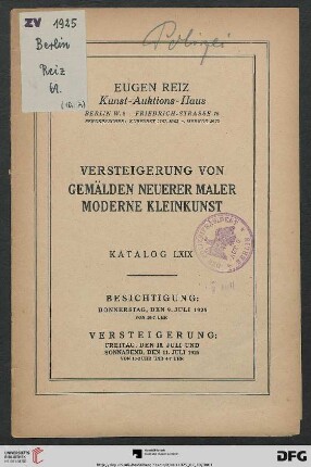 Versteigerung von Gemälden neuerer Maler, moderne Kleinkunst : Versteigerung 10. und 11. Juli 1925 (Katalog Nr. 69)