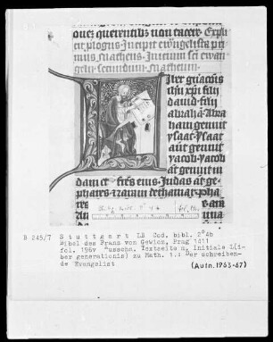 Lateinische Bibel in zwei Bänden für Franz von Gewicz — Initiale L (iber generationis) mit dem schreibenden Evangelisten Matthäus, Folio 196verso