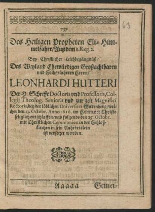 Des Heiligen Propheten Eliae Himmelfahrt ... Herrn Leonhardi Hutteri ...