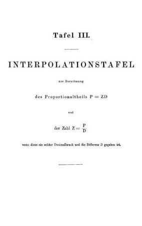 Tafel III. Interpolationstafel zur Berechnung des Proprortionaltheils P = ZD.
