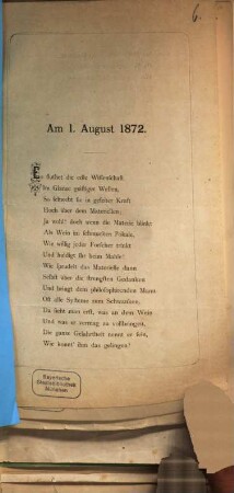 Am 1. August 1872 : Es fluthet die edle Wissenschaft ...