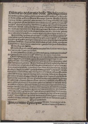 Summaria declaratio bullae indulgentiarum contra Turcos concessarum : mit der Ablaßbulle ‘Domini et salvatoris’, Rom 11. 12. 1488, von Papst Innocentius VIII.
