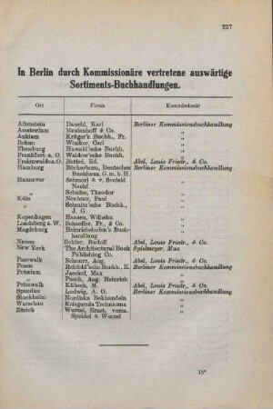 Tabelle: In Berlin durch Kommissionäre vertretene auswärtige Sortiments-Buchhandlungen