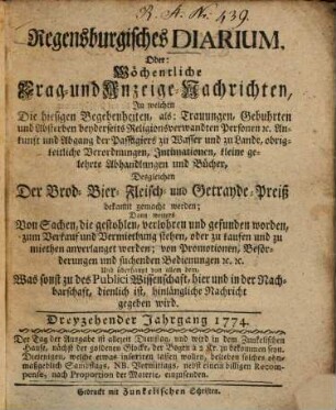 Regensburgisches Diarium oder wöchentliche Frag- und Anzeige-Nachrichten, 1774 = Jg. 13