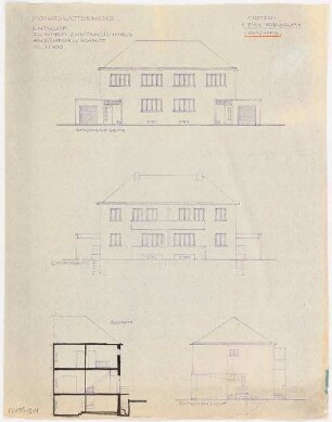 Zweifamilienhaus Monatskonkurrenz Februar 1930: Variante zu MK 99-210: Aufriss Straßenansicht, Gartenansicht, Seitenansicht, Längsschnitt 1:100
