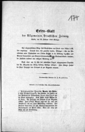 Extra-Blatt der Allgemeinen Preußischen Zeitung. Berlin, den 28. Februar 1848, Mittags. (Sammlung Friedlaender)
