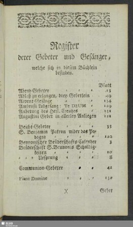 Register derer Gebeter und Gesänger, welche sich in diesem Büchlein befinden