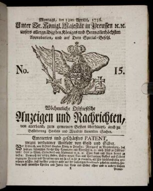 No. 15. Montags, den 12ten Aprilis, 1756.