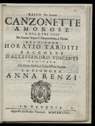 Orozio Tarditi: Canzonette amorose a doi, e tre voci. Basso Per Sonare
