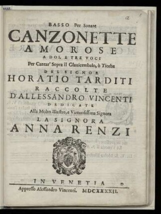 Orozio Tarditi: Canzonette amorose a doi, e tre voci. Basso Per Sonare