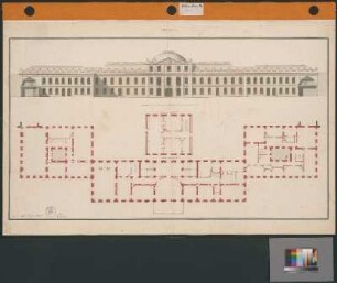 Schloss Hohenheim, Aufriss der Hofseite und Grundriss 1. und 2. Obergeschoss