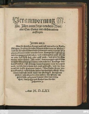 Verantwortung M.|| Fla.Jllyr. vom Logo von dem Wort/|| oder Son Gottes vnd etlichen andern || aufflagen.|| ... ||