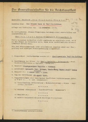 Stadttheater großes Haus, Teplice: Fragebogen für das Handbuch »Das Deutsche Theater«, vierseitiges Dokument