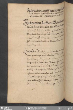 Instruction auff den herren Landtuoigt Herren Christoffn Burggraffen vonn Dohnaw: den 28 Septemb: Anno 1554