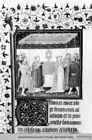 Missale Romanum cum Calendario : Textseite mit Randseitenbordüre, Initiale C (?) und Miniatur: Prozession