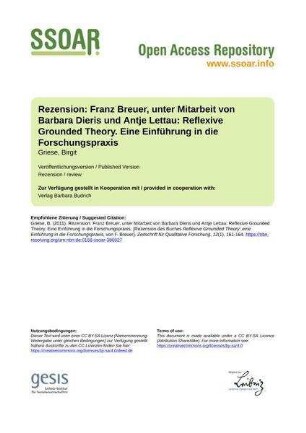 Rezension: Franz Breuer, unter Mitarbeit von Barbara Dieris und Antje Lettau: Reflexive Grounded Theory. Eine Einführung in die Forschungspraxis