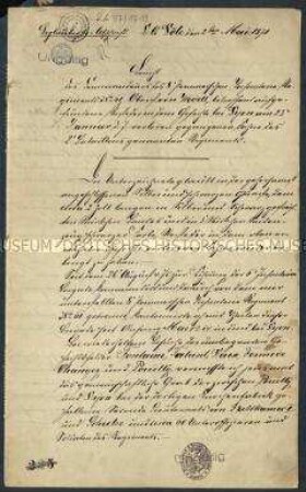 Bericht über eine 1871 verloren gegangene Fahne des 2. Bat. des 8. Pommerschen Inf. Reg. 61