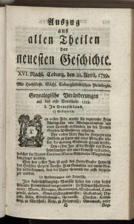 XVI. Nachl. Coburg, den 21. April, 1759.