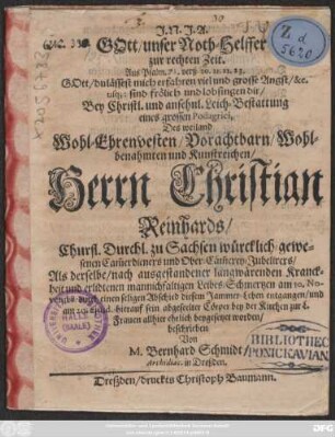 Gott/ unser Noth-Helffer zur rechten Zeit ... Bey ... Kunstreichen