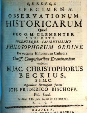 Specimen Observationum Historicarum