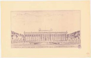 Umgestaltung des Lustgartens, Berlin-Mitte: Perspektivische Ansicht mit Blick über den geplanten Lustgarten auf das Alte Museum, Stempel