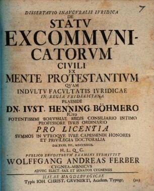 Dissertatio Inavgvralis Ivridica De Statv Excommvnicatorvm Civili Ex Mente Protestantivm