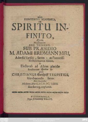 Exercitatio Academica, De Spiritu Infinito