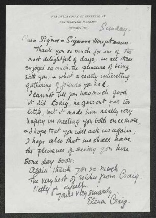 Brief von Elena Craig an Gerhart Hauptmann