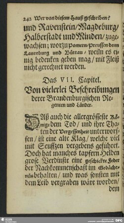 Das VII. Capitel. Von vielerlei Beschreibungen derer Brandenburgischen Regenten und Länder