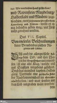Das VII. Capitel. Von vielerlei Beschreibungen derer Brandenburgischen Regenten und Länder